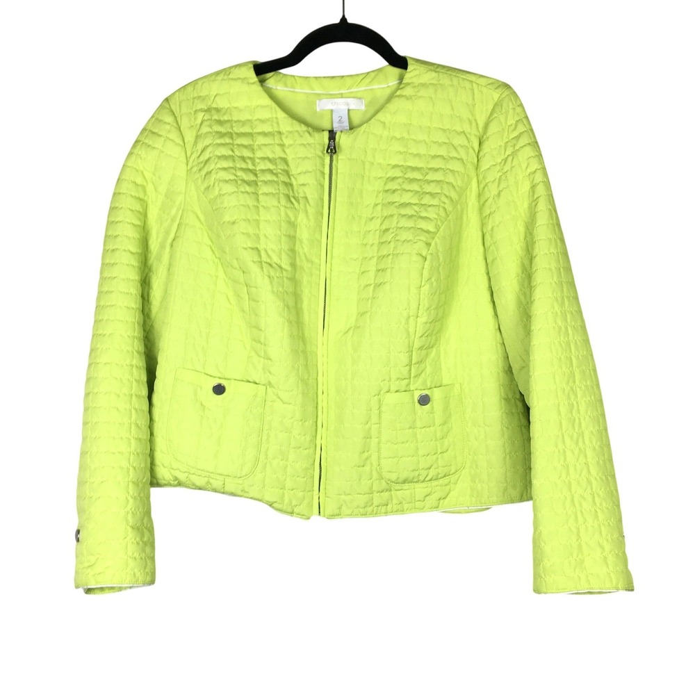 Chico's Quilted Jacket Womens‎ 2 Large Neon Lime Green Excellent Full Zip Pocket